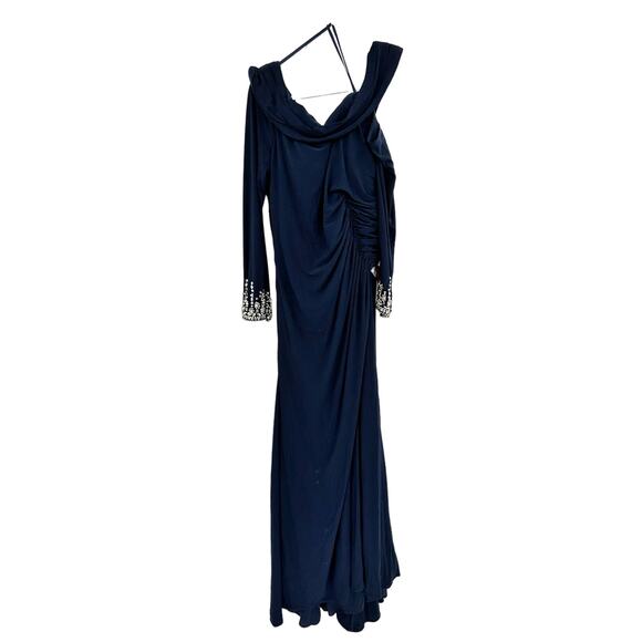 Mac Duggal 12231 Midnight Beaded Cuff Drop Shoulder Faux Wrap Gown Size 12 NWT - Picture 3 of 8
